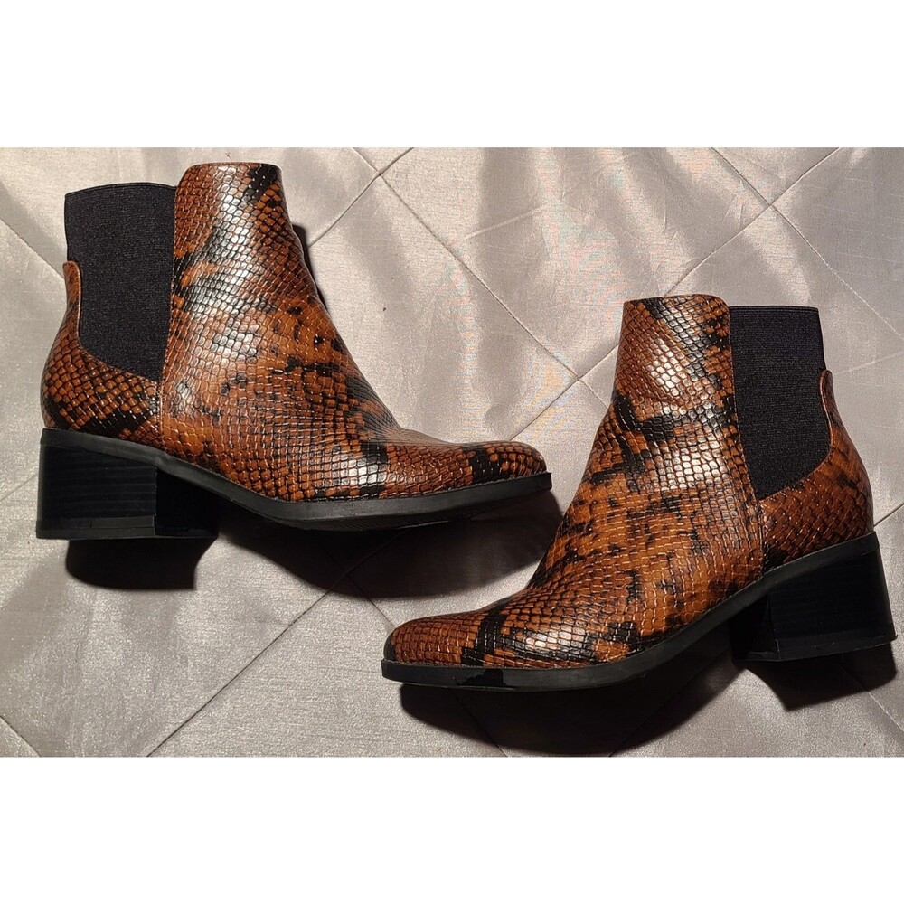 Womens Size 6 Animal Print Ankle Boots Brown Faux Leather- Pull On